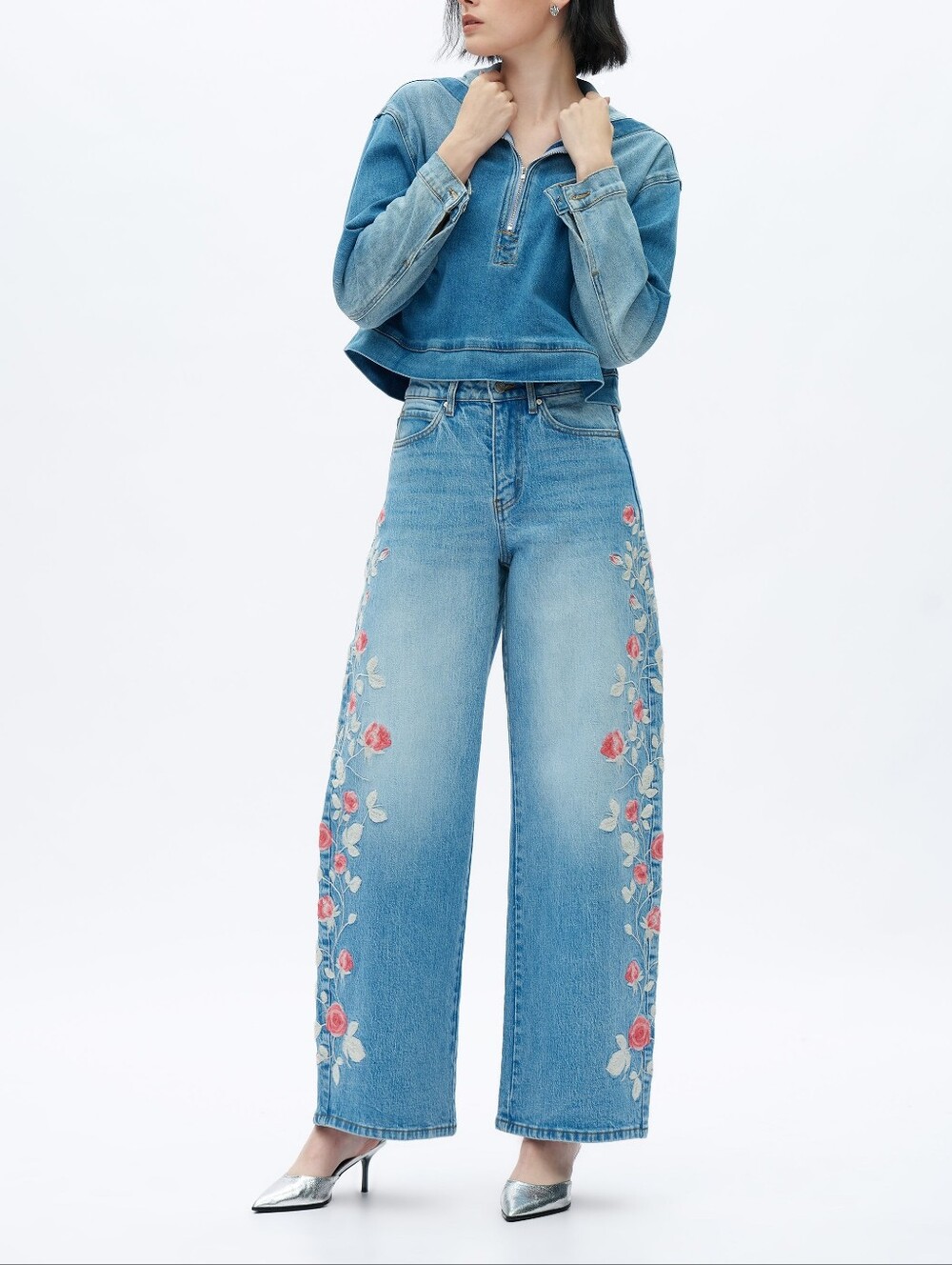 Bayeas Light Blue Barrel Jeans with Pink Rose Embroidery - Picture 2 of 11